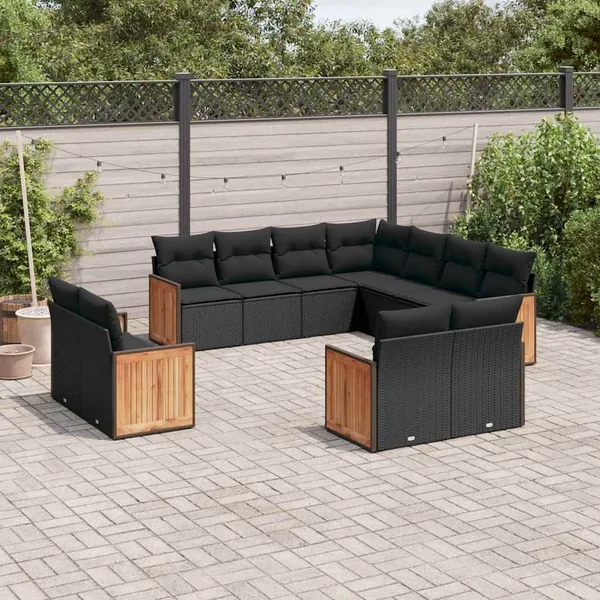 Salon de jardin 11 pcs avec coussins noir résine tressée