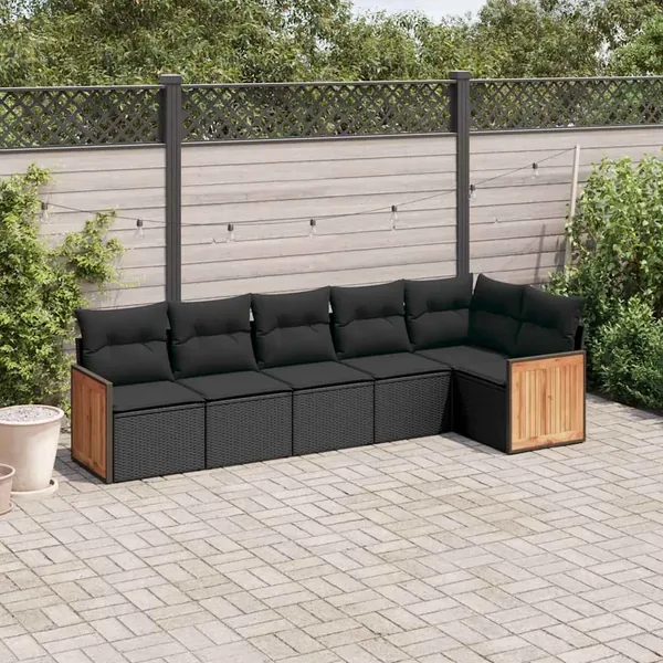 Salon de jardin 6 pcs avec coussins noir résine tressée