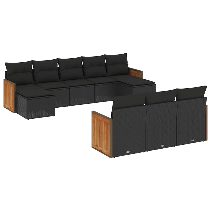 Salon de jardin 10 pcs avec coussins noir résine tressée - 2
