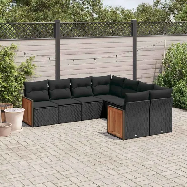 Salon de jardin 8 pcs avec coussins noir résine tressée