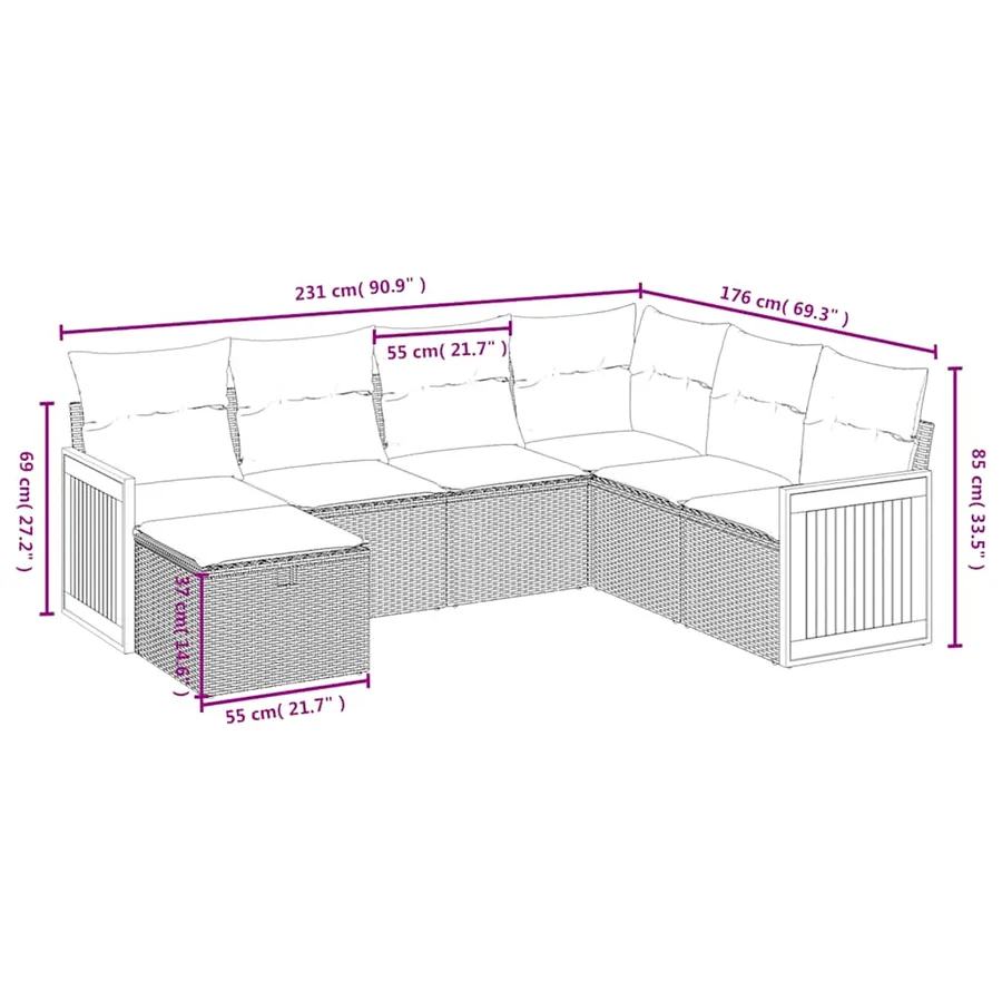 Salon de jardin 7 pcs avec coussins noir résine tressée 62 x 62 x 69 cm - 56,7 kg - 4