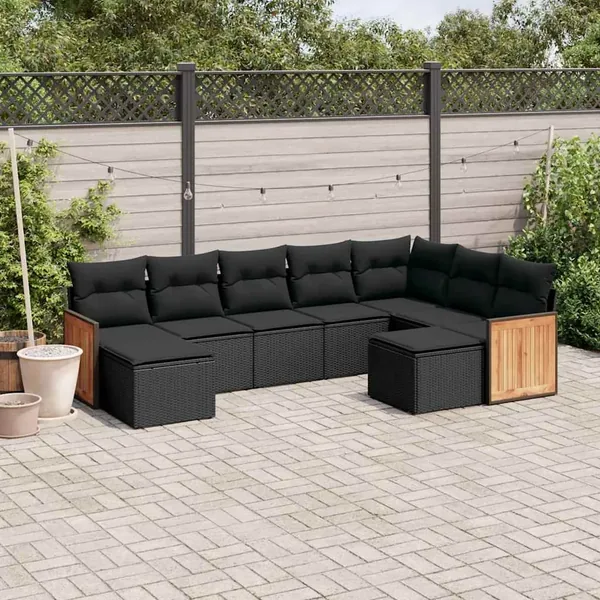 Salon de jardin 9 pcs avec coussins noir résine tressée