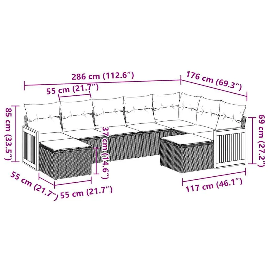Salon de jardin 9 pcs avec coussins noir résine tressée - 8