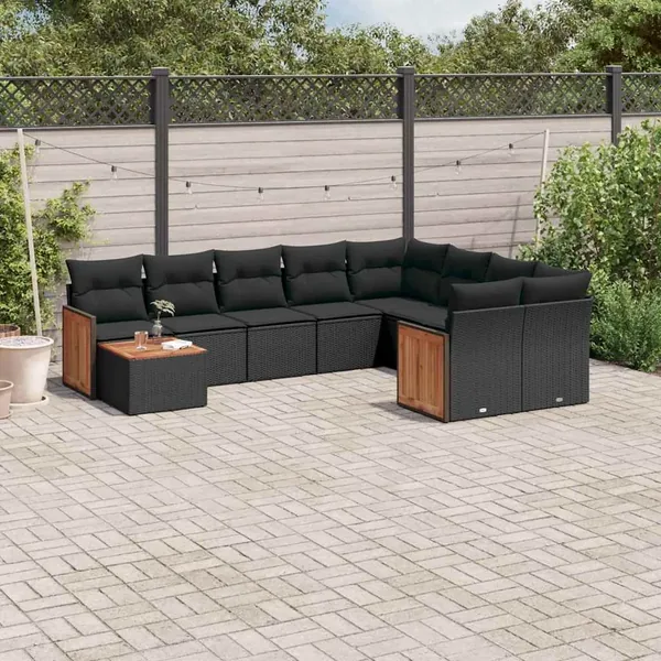 Salon de jardin 10 pcs avec coussins noir résine tressée