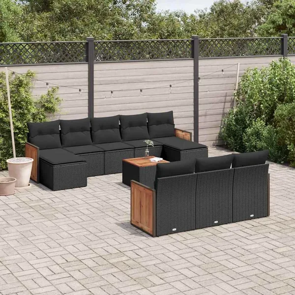 Salon de jardin 11 pcs avec coussins noir résine tressée