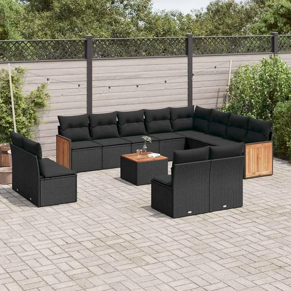 Salon de jardin avec coussins 13 pcs noir résine tressée