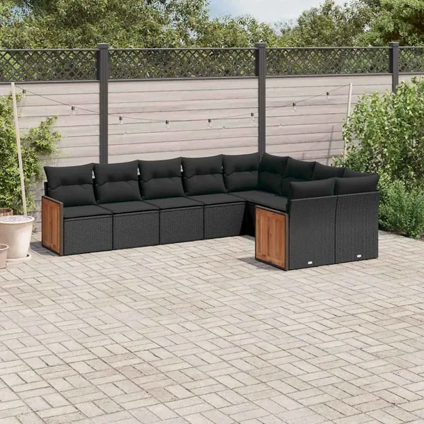 Salon de jardin 9 pcs avec coussins noir résine tressée