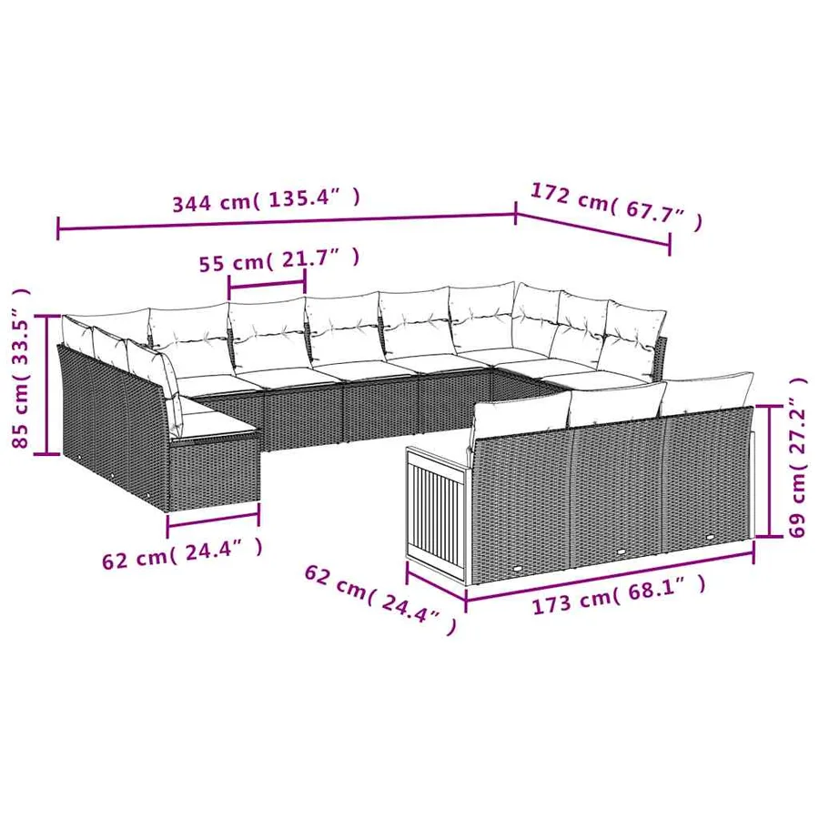 Salon de jardin avec coussins 13 pcs noir résine tressée - 7