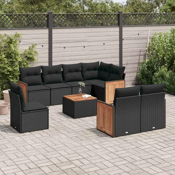 Salon de jardin 9 pcs avec coussins noir résine tressée