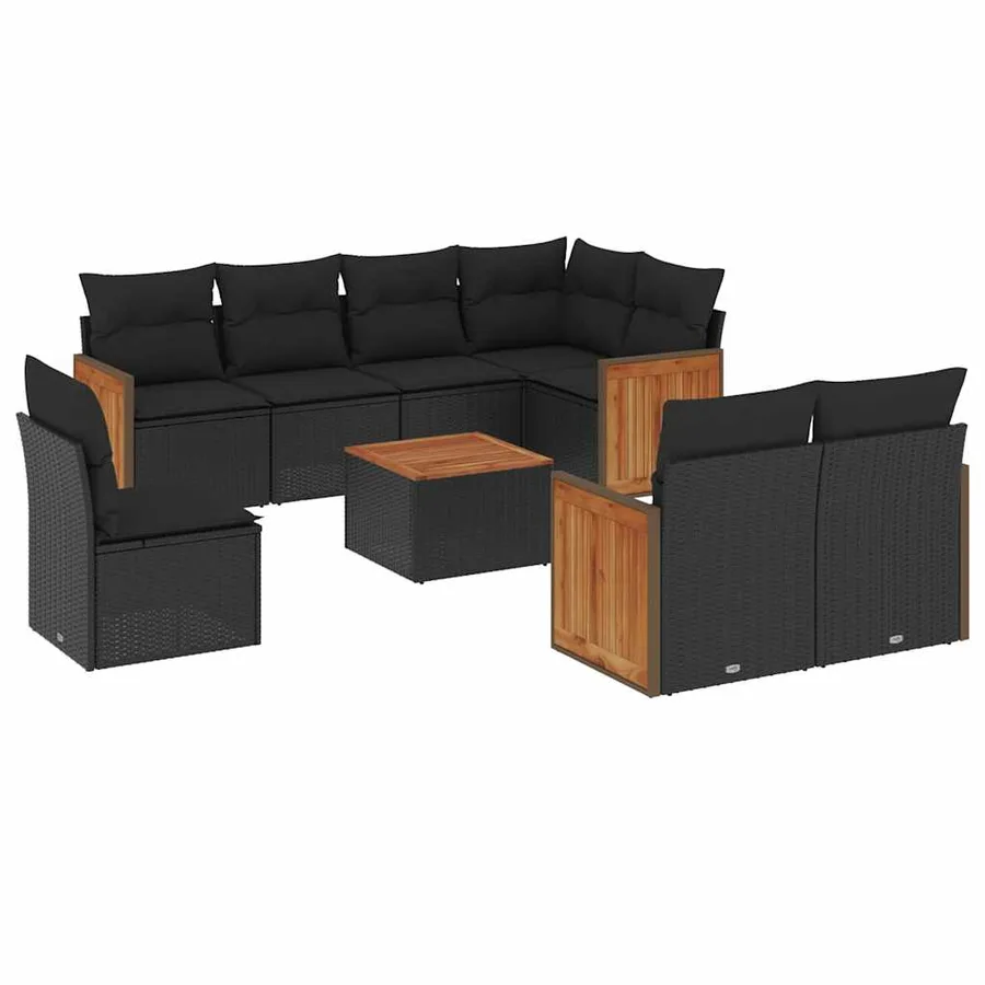 Salon de jardin 9 pcs avec coussins noir résine tressée - 2