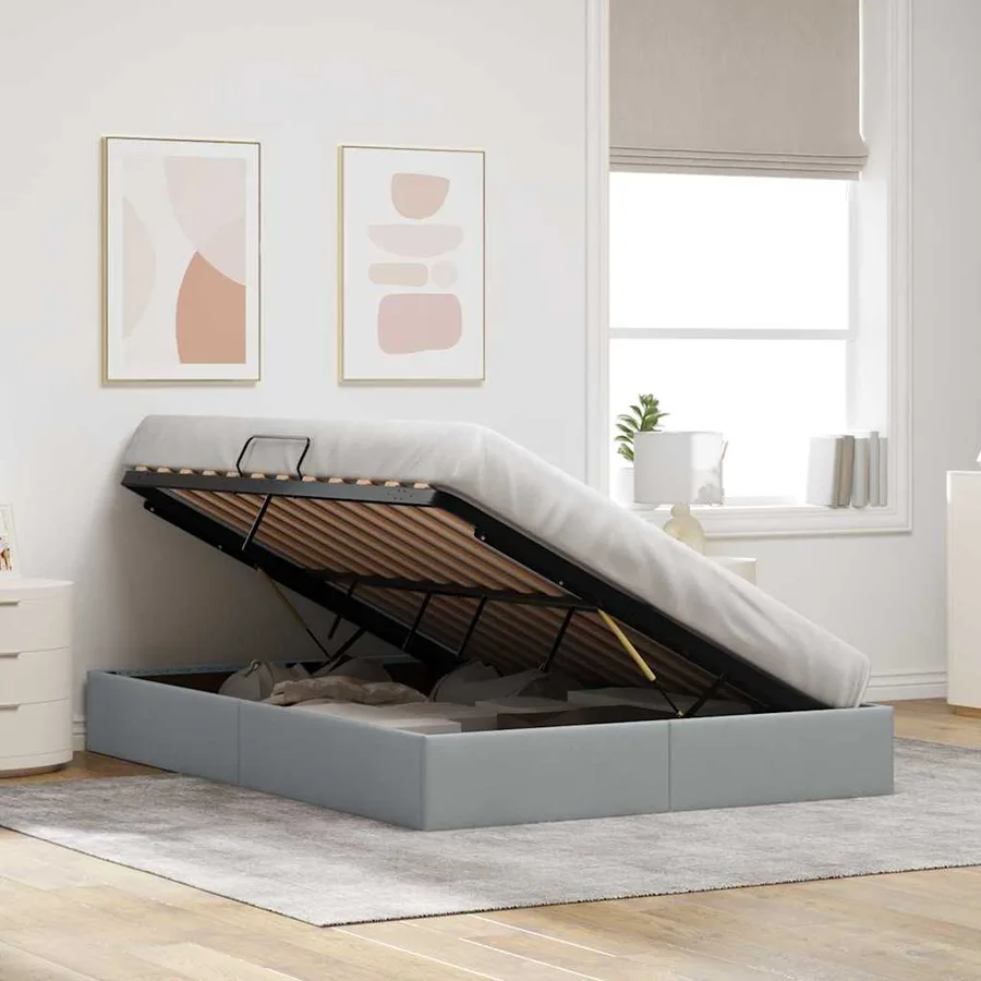 Lit de Rangement avec stockage Gris clair 135 x 190 cm Tissu - 4