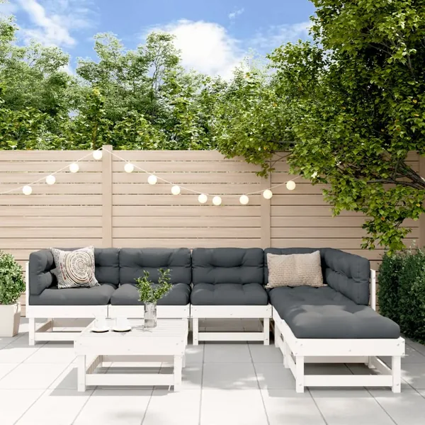 Salon de jardin 7 pcs Blanc Bois de pin massif