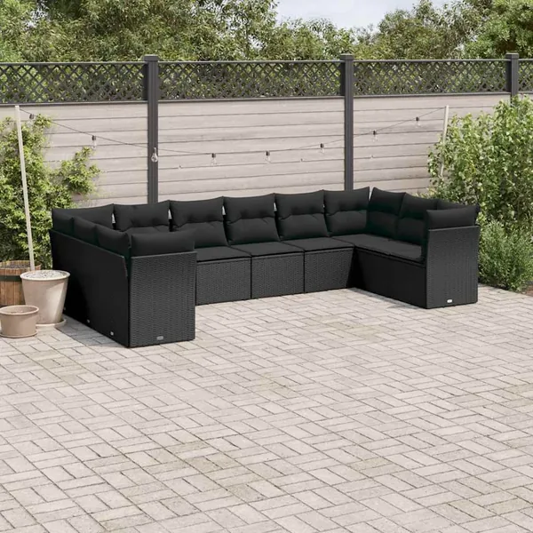 Salon de jardin 10 pcs avec coussins noir résine tressée