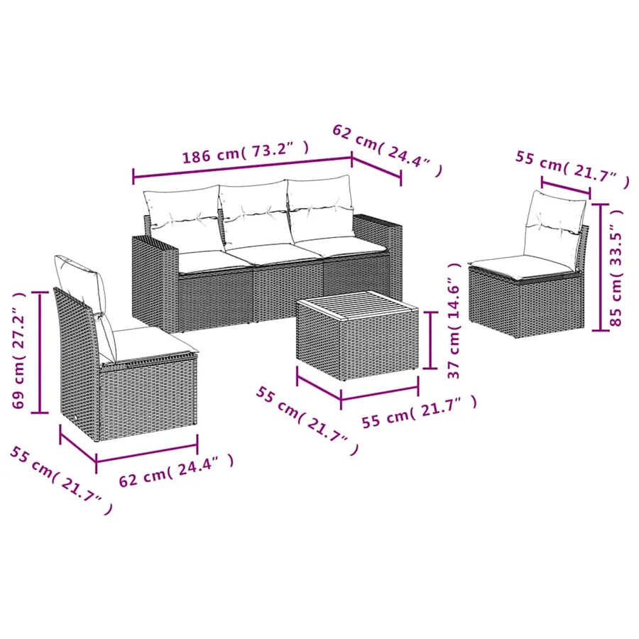 Salon de jardin 6 pcs avec coussins noir résine tressée - 10