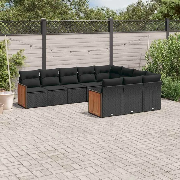 Salon de jardin 10 pcs avec coussins noir résine tressée