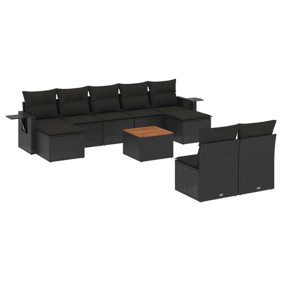 Salon de jardin 10 pcs avec coussins noir résine tressée - 2