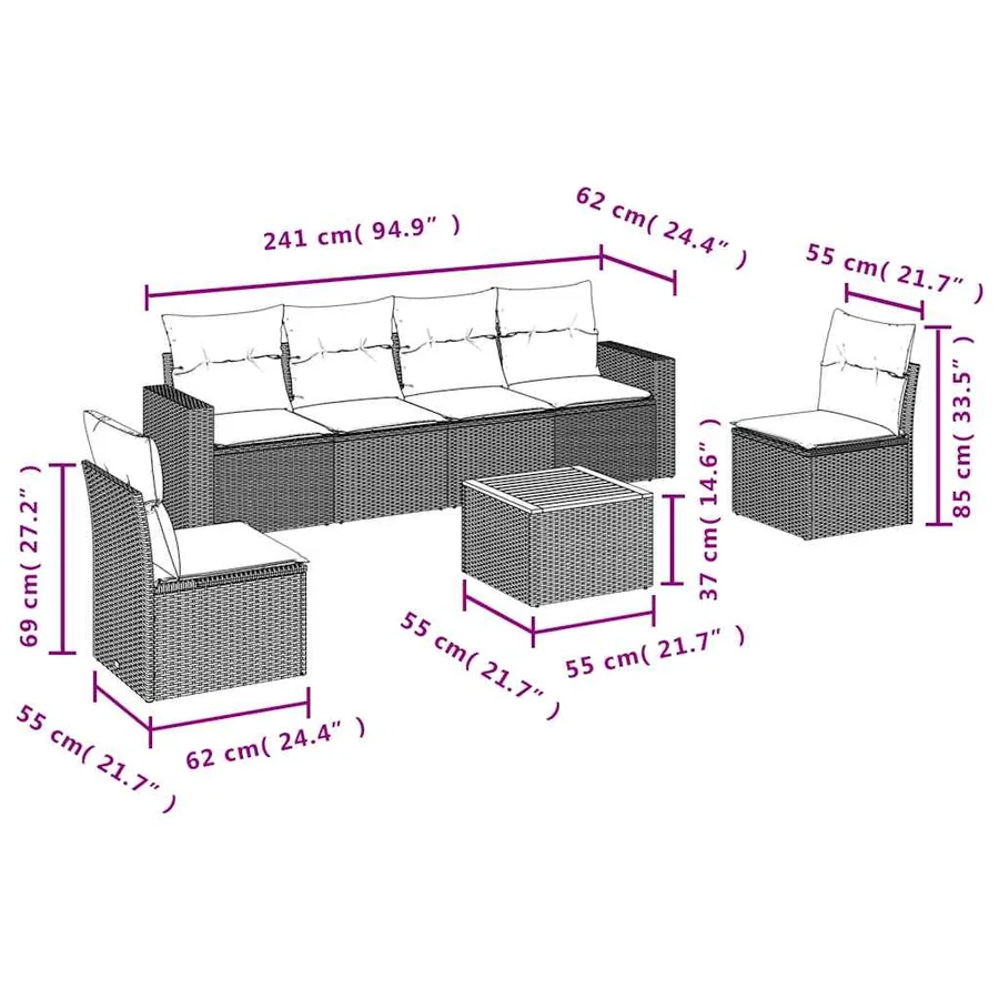 Salon de jardin 7 pcs avec coussins noir résine tressée 55 x 62 x 69 cm - 56,8 kg - 10