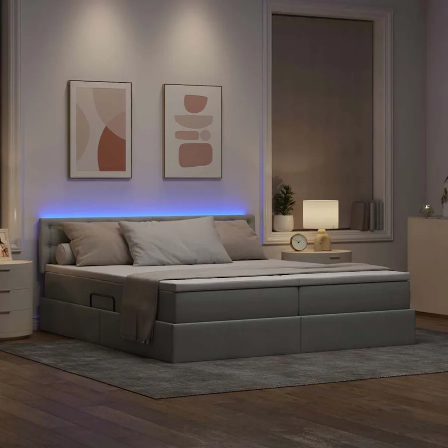 Lit de rangement LED avec matelas Gris clair 200 x 200 cm Tissu - 5