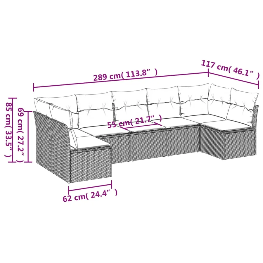 Salon de jardin 7 pcs avec coussins noir résine tressée 62 x 62 x 69 cm - 54,4 kg - 3