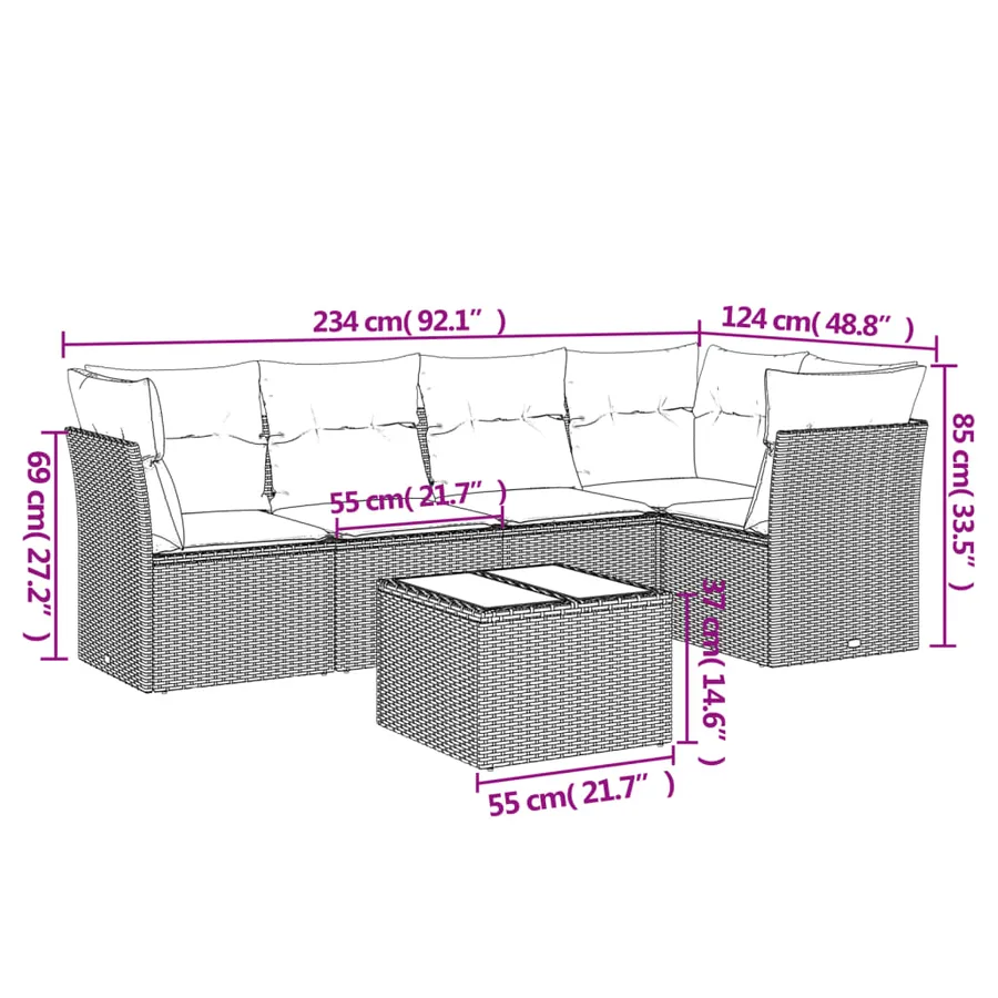 Salon de jardin 6 pcs avec coussins noir résine tressée - 3