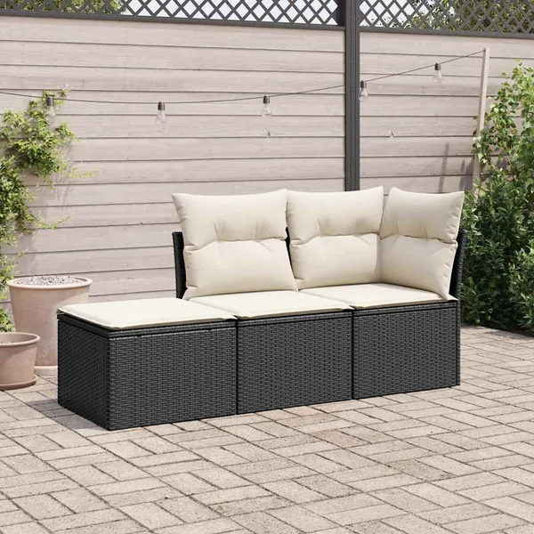 Salon de jardin 3 pcs avec coussins noir résine tressée