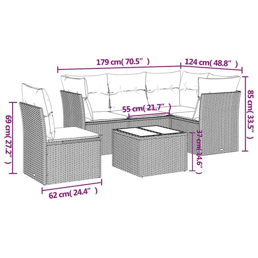 Salon de jardin 6 pcs avec coussins noir résine tressée - 3