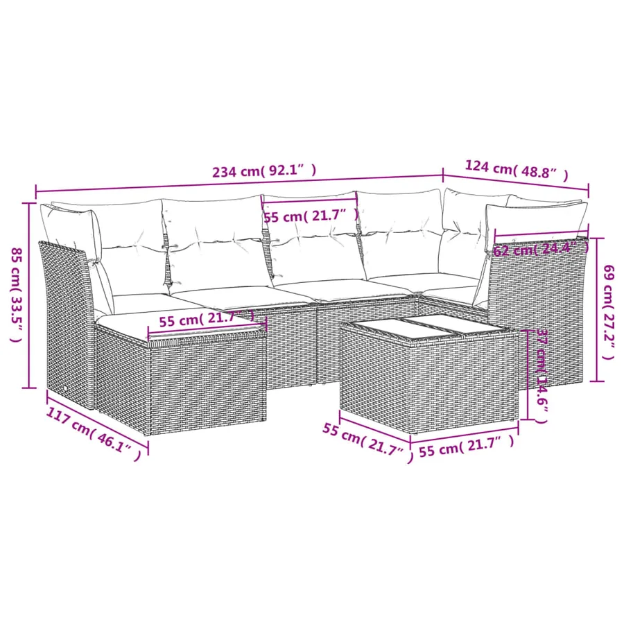 Salon de jardin 7 pcs avec coussins noir résine tressée 55 x 62 x 69 cm - 57,9 kg - 8