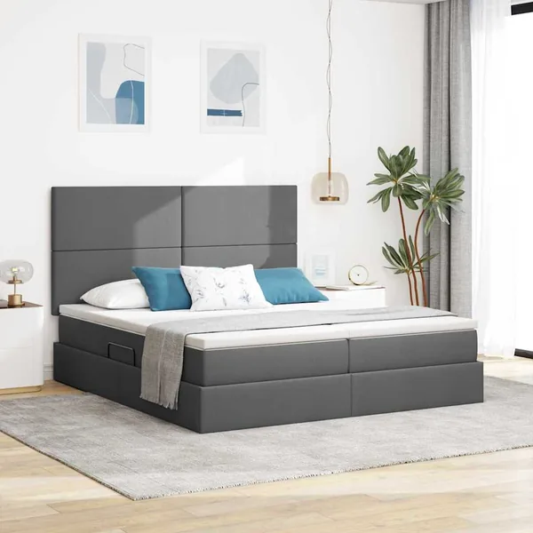 Lit de Rangement avec tête de lit Gris foncé 200 x 200 cm Tissu