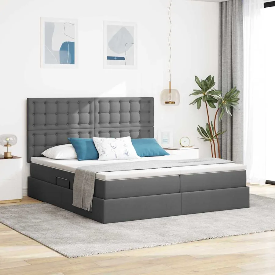 Lit de Rangement avec tête de lit Gris foncé 200 x 200 cm Tissu