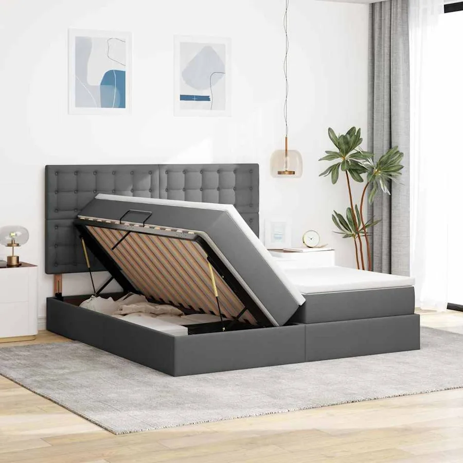 Lit de Rangement avec tête de lit Gris foncé 200 x 200 cm Tissu - 4