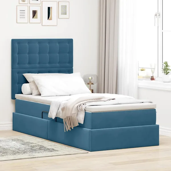 Lit avec rangement et matelas Bleu foncé 90 x 200 cm Velours