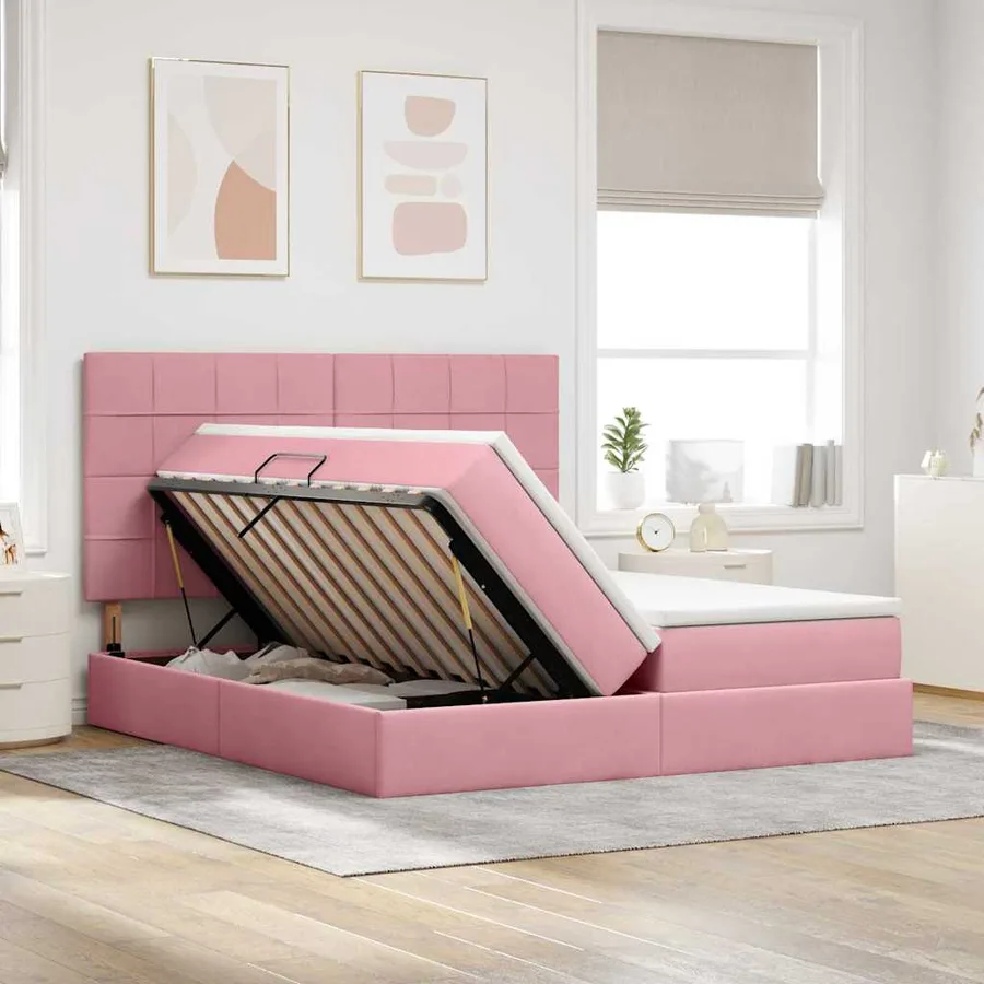 Lit de Rangement avec tête de lit Rose 200 x 200 cm Velours - 4