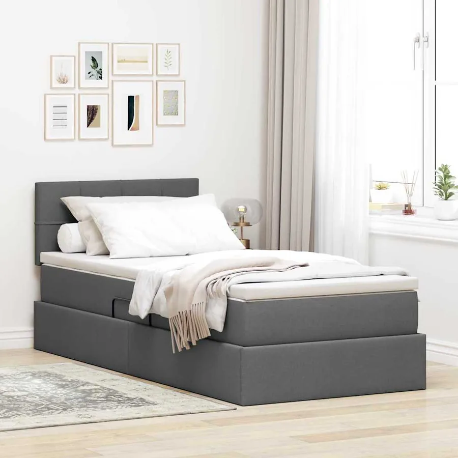 Lit de rangement LED avec matelas Gris foncé 90 x 190 cm Tissu