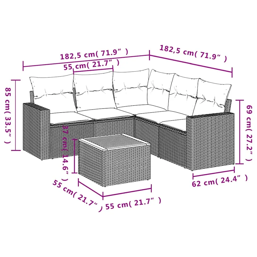 Salon de jardin 6 pcs avec coussins noir résine tressée - 12