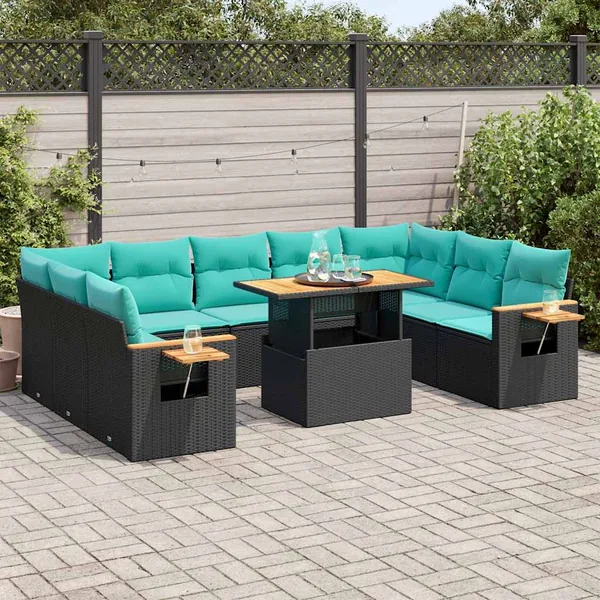 Salon de jardin 10 pcs avec coussins noir résine tressée acacia
