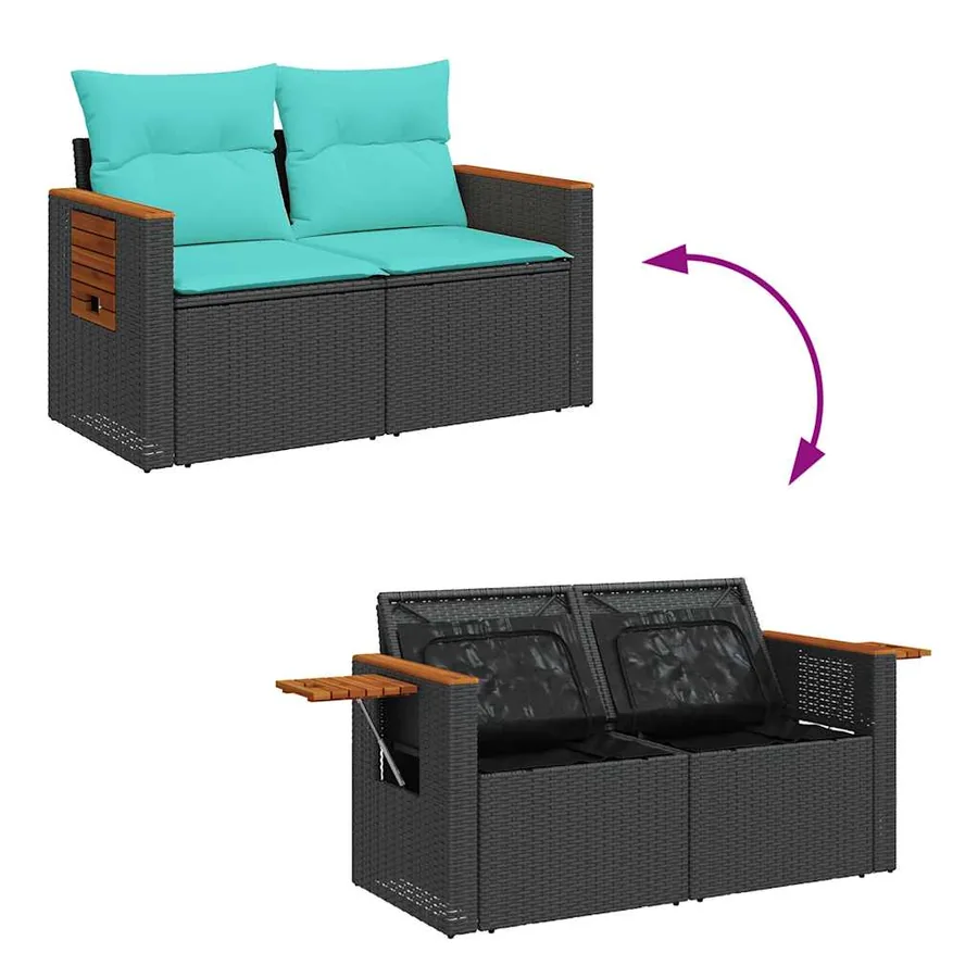 Salon de jardin 10 pcs avec coussins noir résine tressée acacia - 8