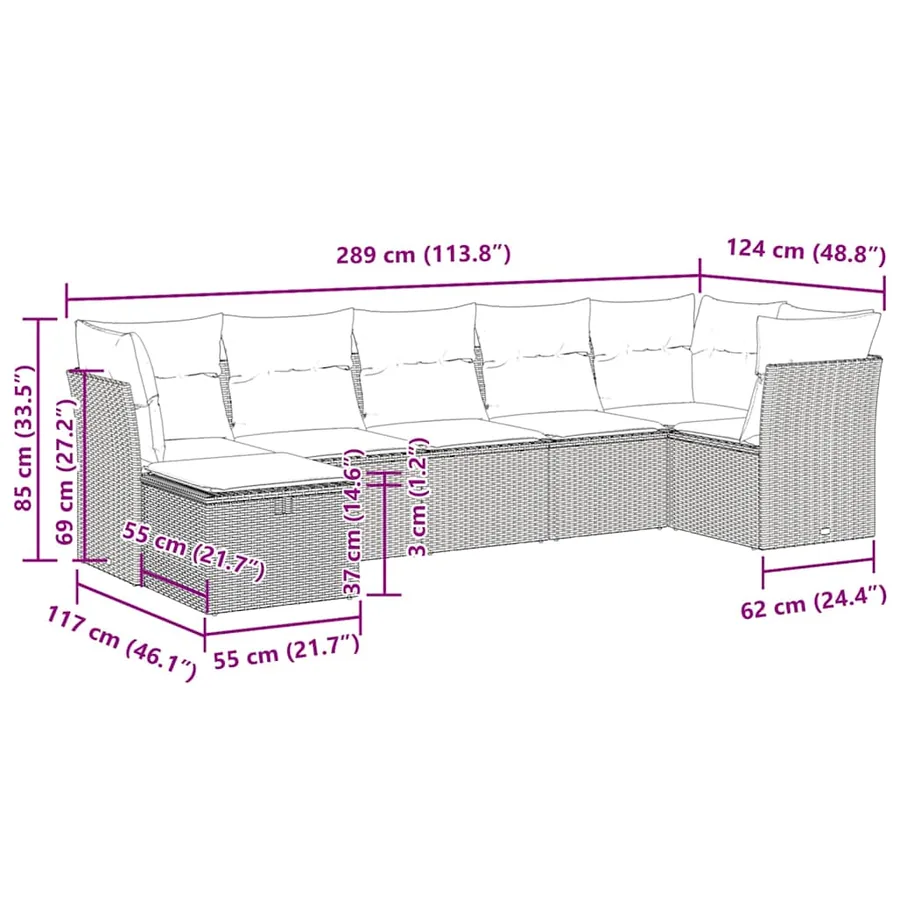 Salon de jardin 7 pcs avec coussins noir résine tressée 55 x 62 x 69 cm - 58,8 kg - 12