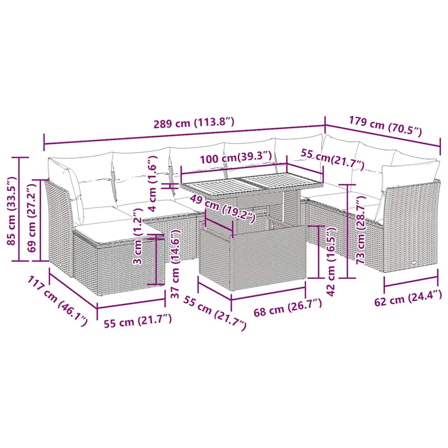 Salon de jardin 6 pcs avec coussins noir résine tressée - 13