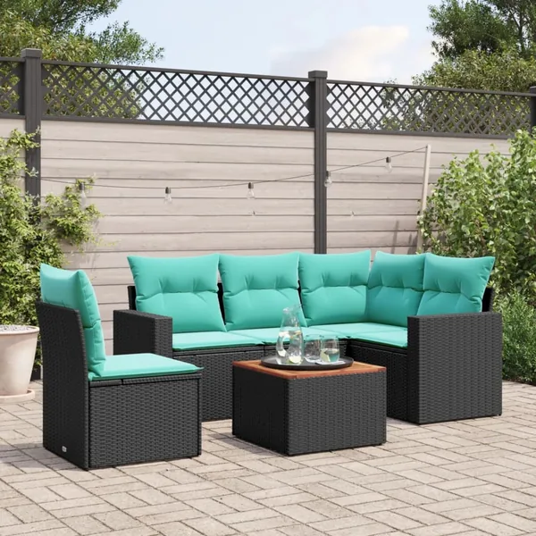 Salon de jardin 6 pcs avec coussins noir résine tressée