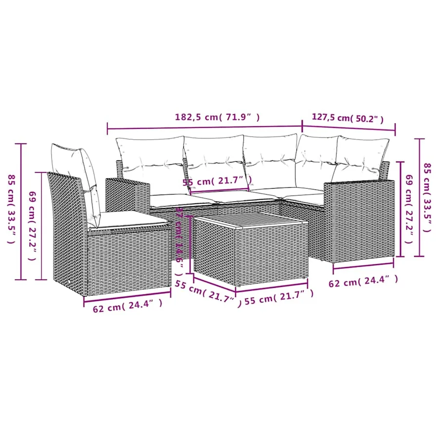 Salon de jardin 6 pcs avec coussins noir résine tressée - 12