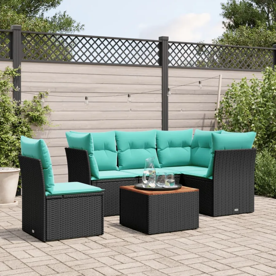 Salon de jardin 6 pcs avec coussins noir résine tressée
