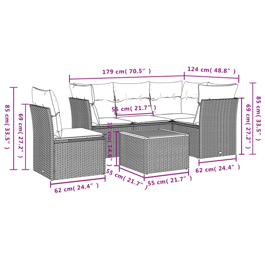 Salon de jardin 6 pcs avec coussins noir résine tressée - 10