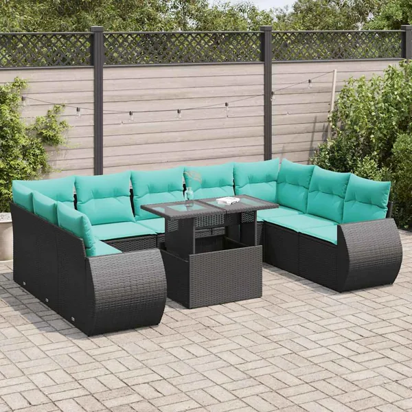 Salon de jardin 10 pcs avec coussins noir résine tressée acacia