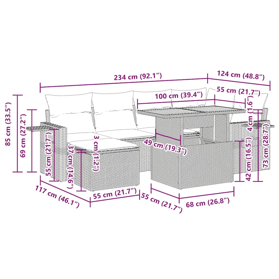 Salon de jardin 7 pcs avec coussins noir résine tressée 55 x 62 x 69 cm - 64,4 kg - 18