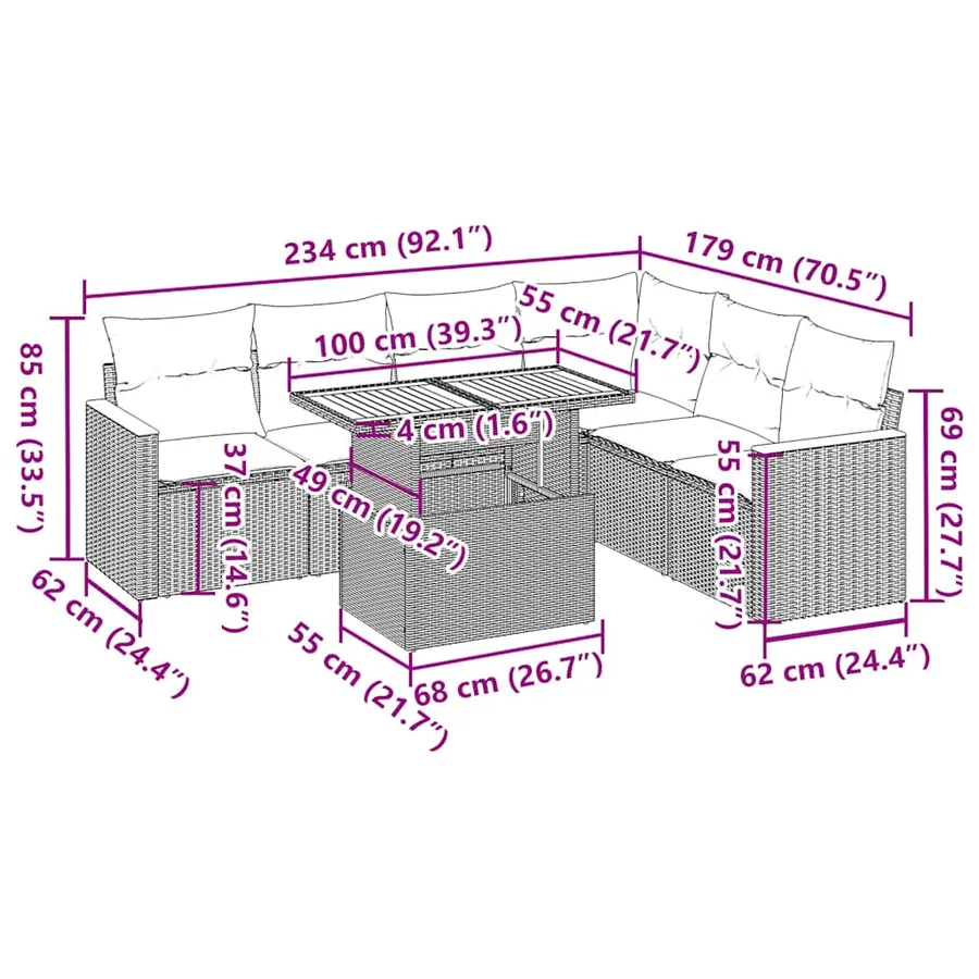 Salon de jardin 7 pcs avec coussins noir résine tressée 55 x 62 x 69 cm - 65,2 kg - 15