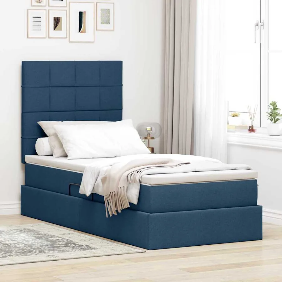 Lit avec rangement et matelas Bleu 100 x 200 cm tissu