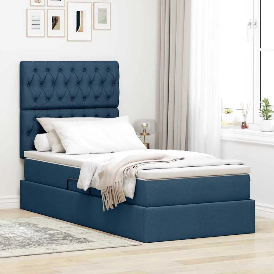 Lit avec rangement et matelas Bleu 100 x 200 cm tissu
