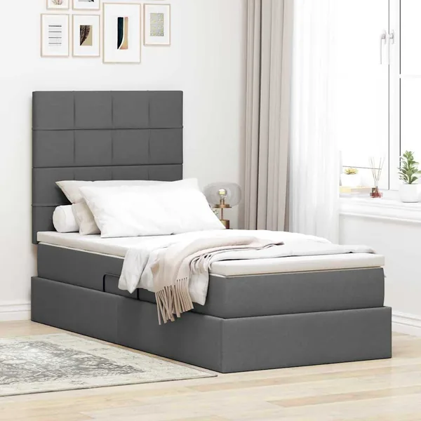 Lit de rangement LED avec matelas Gris foncé 90 x 200 cm Tissu