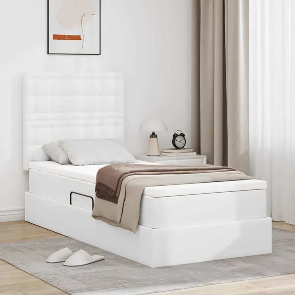 Lit avec rangement et LED Blanc pur 90 x 190 cm Simili cuir
