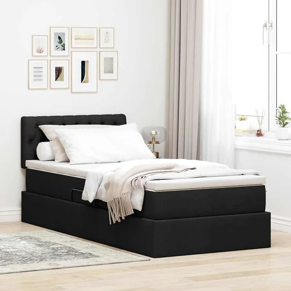 Lit avec rangement et matelas avec tête de lit Noir 90 x 190 cm
